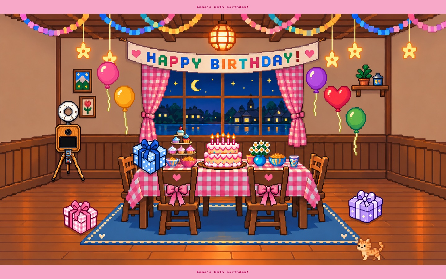 A pixel-art party room with a cake, balloons, a photobooth and three wrapped presents on the floor